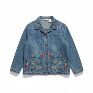 Bobbie Brooks Floral Embroidered Denim Jacket Size Large 12/14